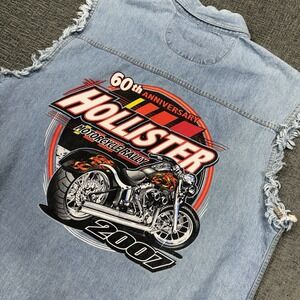 Motorcycle Rally Denim Biker Vest Shirt Men's XL Hollister 2007 Biker Design